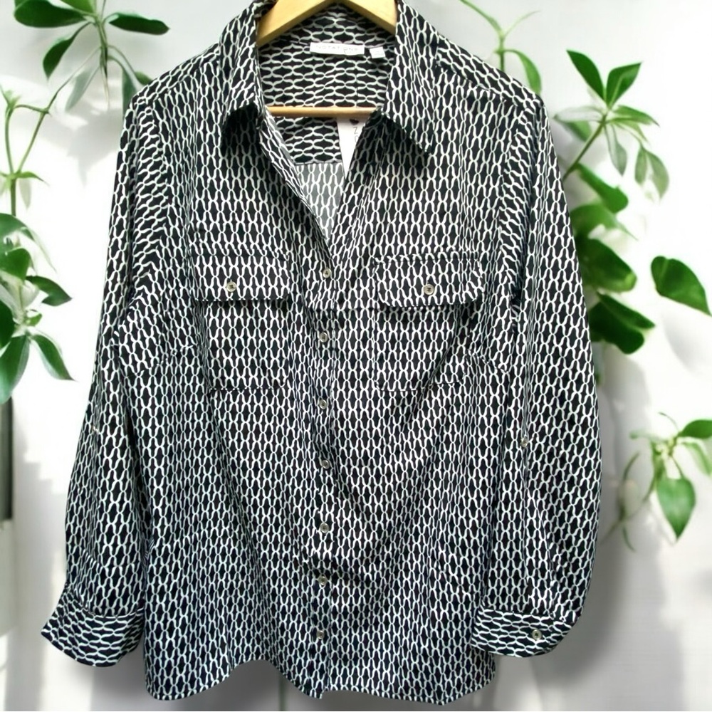 Notations Woman Black White Geometric Button Down Shirt Plus 1X STB1426 Mens